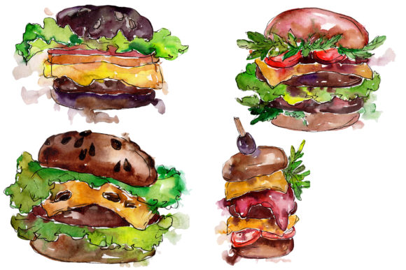 Hamburger Watercolor: A Hand-Painted PNG Clipart Set for Creative Design